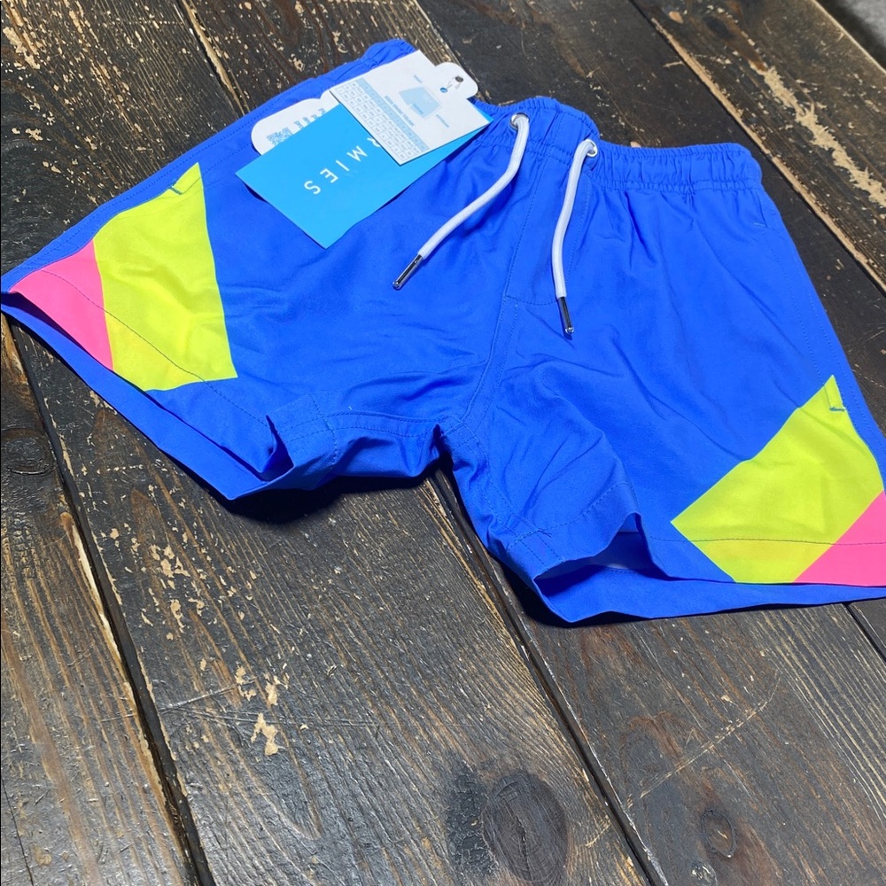 Bermies Kids Blue Colorblock Swim Trunks with Neon Accents